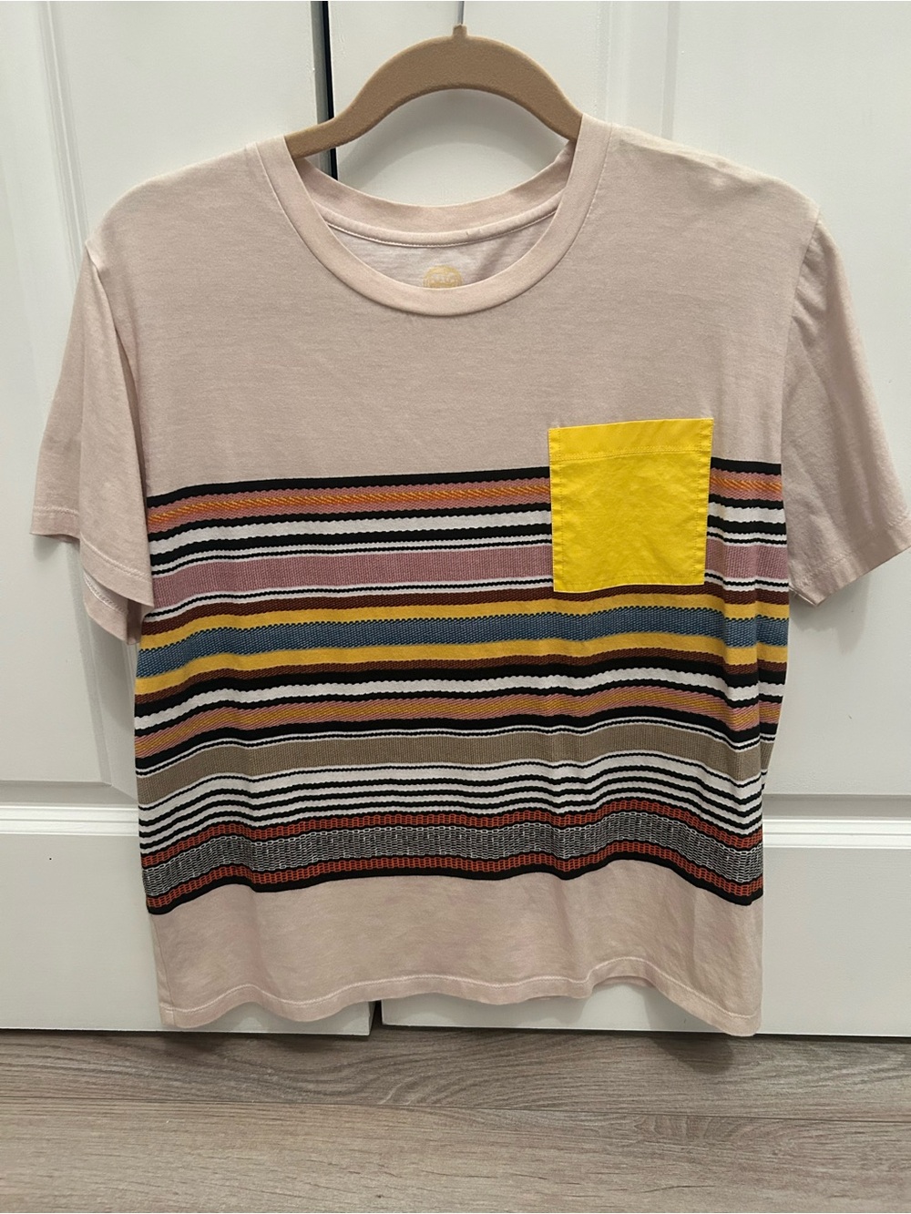 Tory Burch Cream Short Sleeve Stripe Tee with Yellow Pocket Medium 💯 Cotton